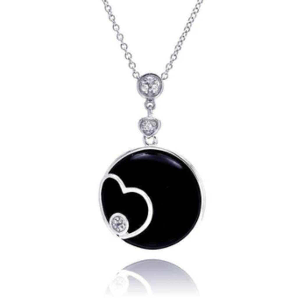 Sterling Silver 925 Rhodium Black Round Onyx Heart Outline Cz Necklace
